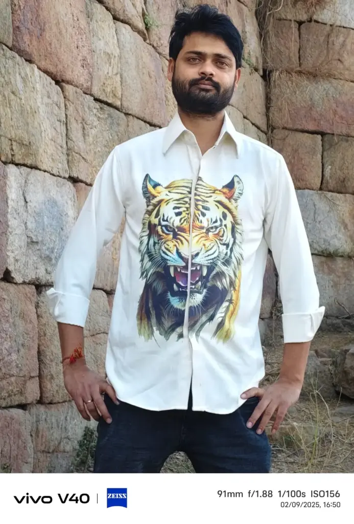 Mens designer shirts white color on lion face print