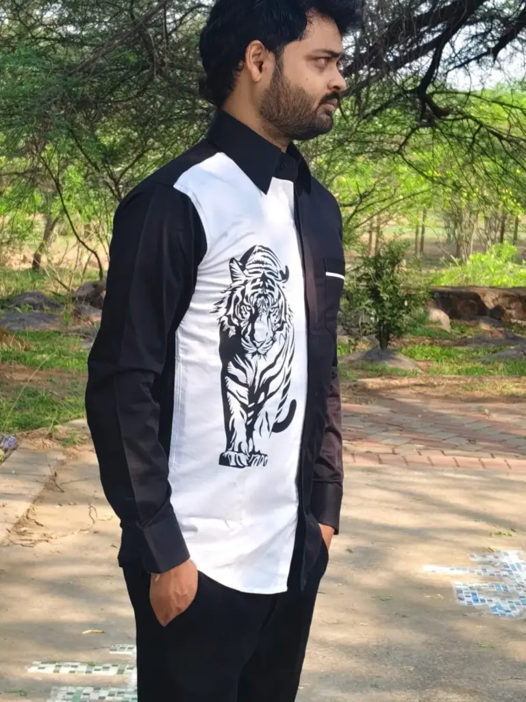 Mens Designer Shirt Black and White on lion vinyl print