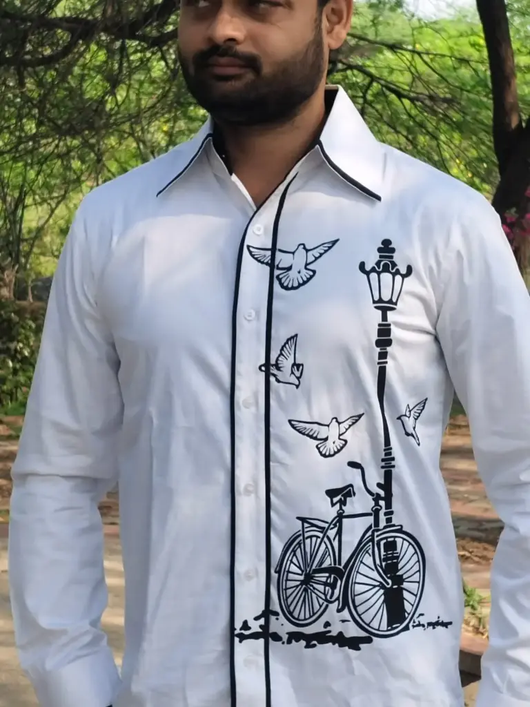 Mens Designer Shirt White Shirt on road light cycle print