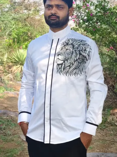 Mens Designer Shirt White shirt on side lion face print