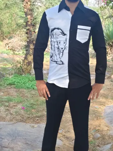 Mens Designer Shirt Black and White on tiger print